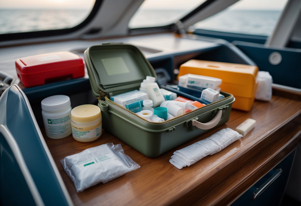 A compact first aid kit open on a boat deck, with bandages, antiseptic wipes, and emergency supplies neatly organized