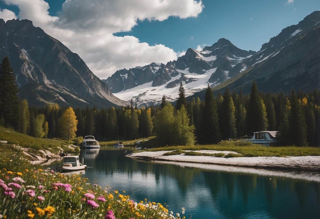 Crystal-clear alpine lakes surrounded by snow-capped peaks. Boats navigating through winding waterways with lush greenery and colorful wildflowers. A serene and picturesque setting for boating enthusiasts