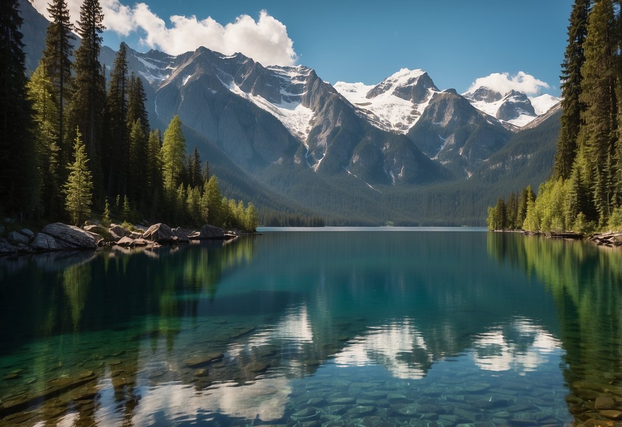 Crystal-clear lakes surrounded by lush forests and towering mountains. Colorful boats gliding through pristine waters, leaving gentle ripples in their wake. Snow-capped peaks reflect in the tranquil surface