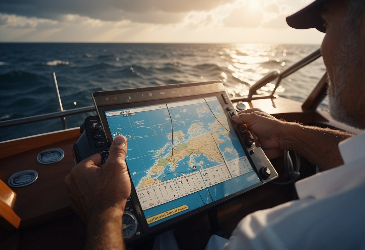 A boat captain checks weather forecasts, holds a map and compass, and navigates the waters. Waves and clouds suggest an impending storm