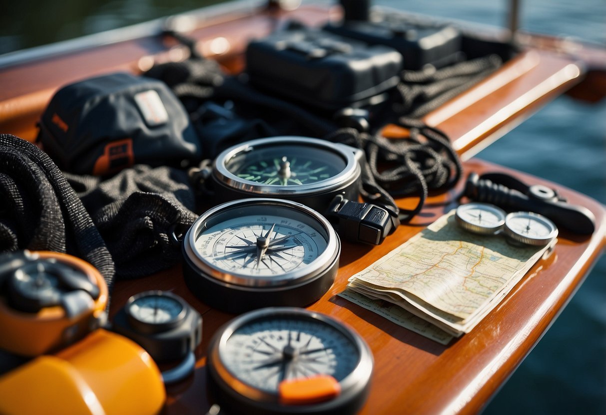 Safety gear packed neatly on a boat deck, with a map and compass laid out for navigation. Sunlight reflects off the water in the background