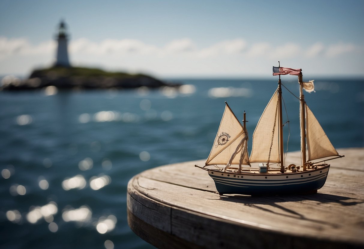 A boat sails past a lighthouse, using landmarks and buoys to navigate. A map and compass are visible on the deck