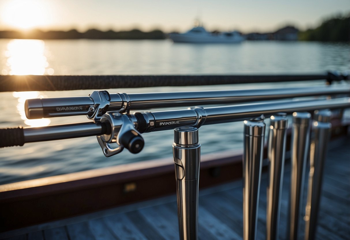 Five sleek, modern fishing rods arranged neatly on a boat deck, with the sparkling water in the background. Each rod is designed for lightweight use, perfect for a day of boating and fishing