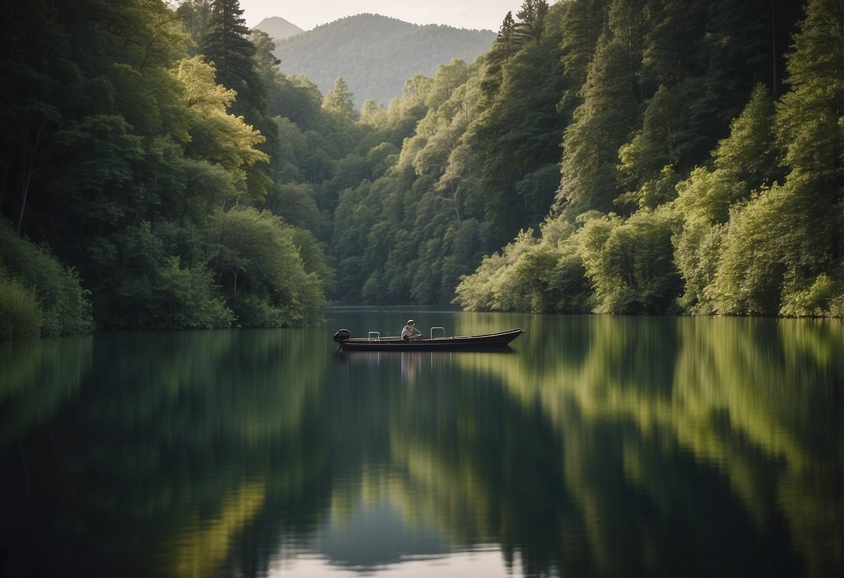 A tranquil lake surrounded by lush greenery. A small boat glides across the water, with a Daiwa Presso Ultralight Spinning Rod in hand, ready for a day of fishing