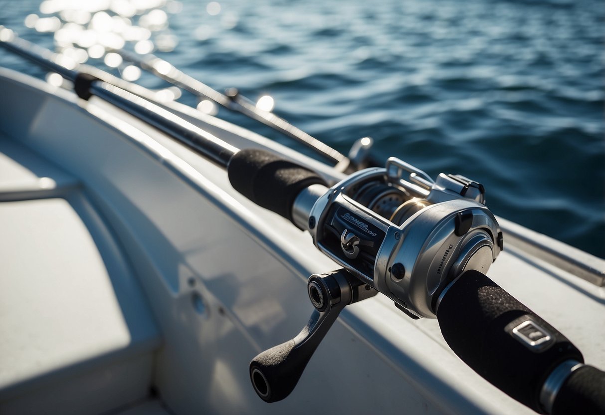 A Shimano Zodias spinning rod lays across a sleek, modern boat deck, surrounded by four other lightweight boating rods