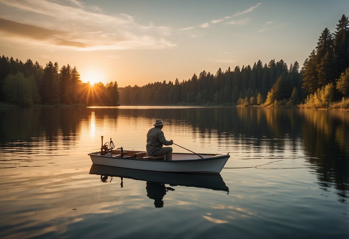 A tranquil lake at sunset, with a sleek boat gliding across the glassy water. A fisherman stands on the deck, casting a Fenwick HMG Ultralight Spinning Rod into the calm depths