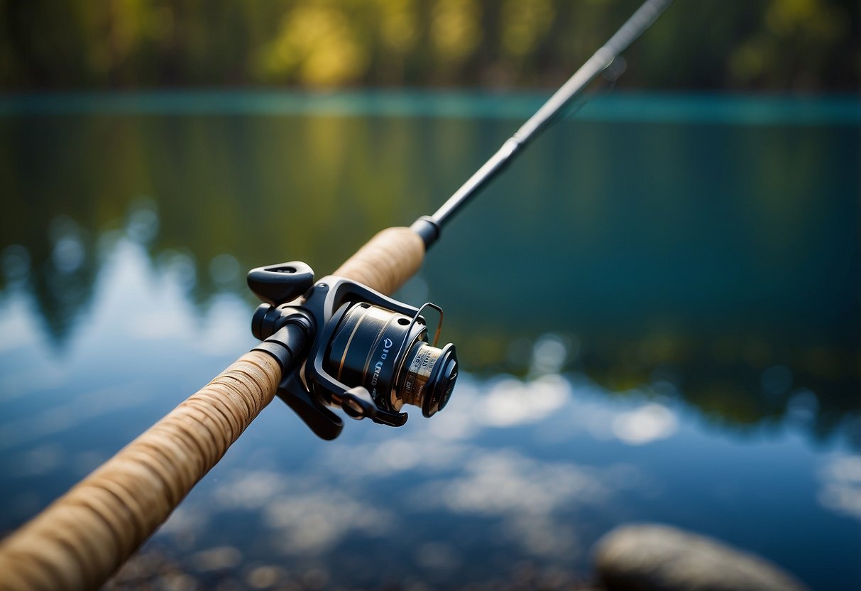 A tranquil lake reflects the bright blue sky as a Ugly Stik GX2 Spinning Rod effortlessly casts a line into the water from a lightweight boating rod