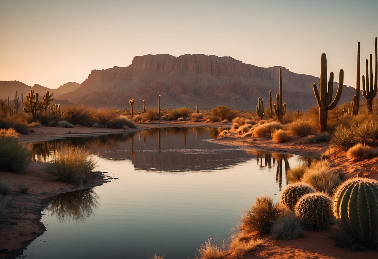 A calm river winds through a vast desert landscape, flanked by towering red cliffs and dotted with cacti. The sun sets in the distance, casting a warm glow over the tranquil waters