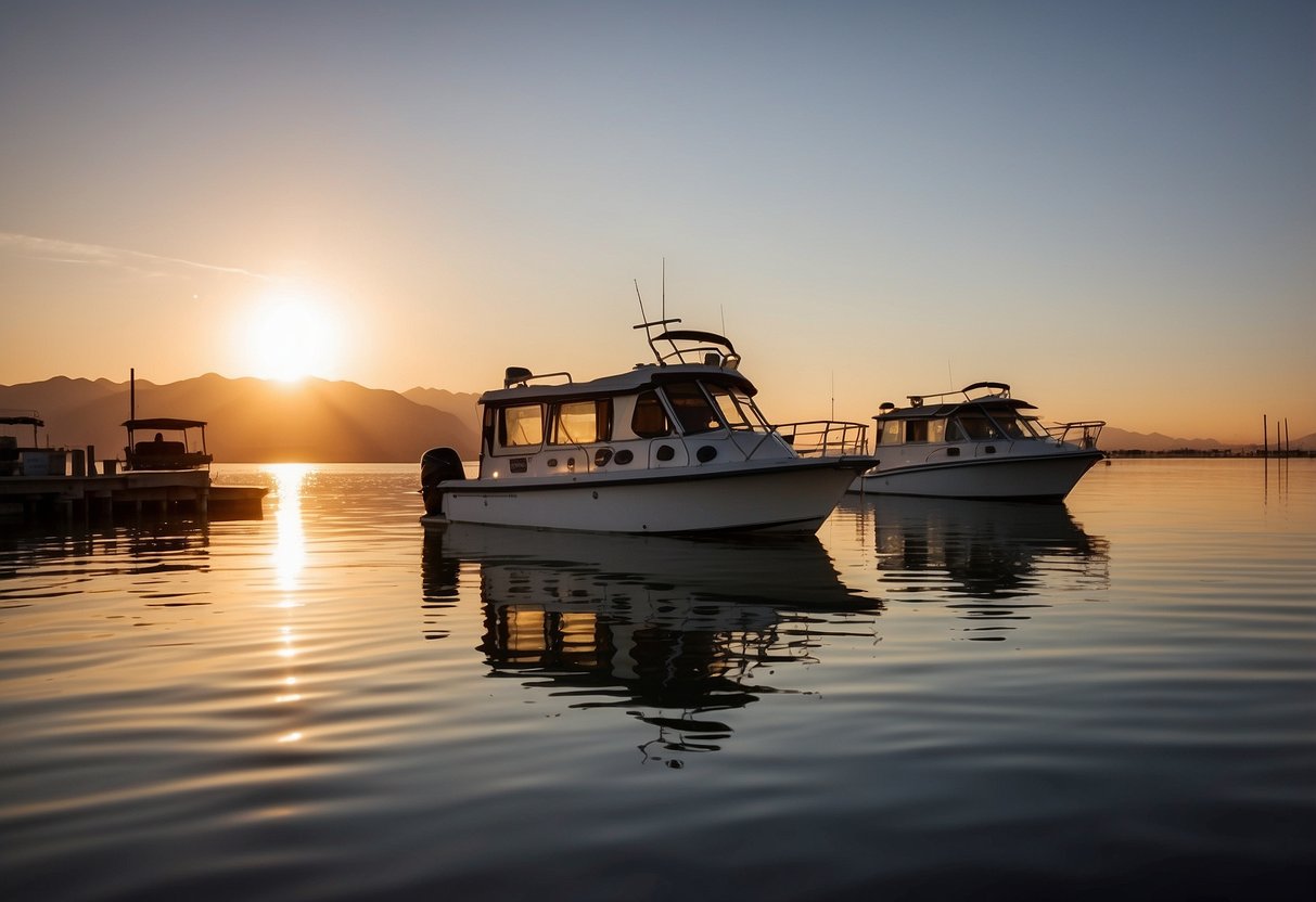 The sun sets over the calm waters of Salton Sea, with desert mountains in the background. Boats cruise along the tranquil, glassy surface, creating ripples in the water