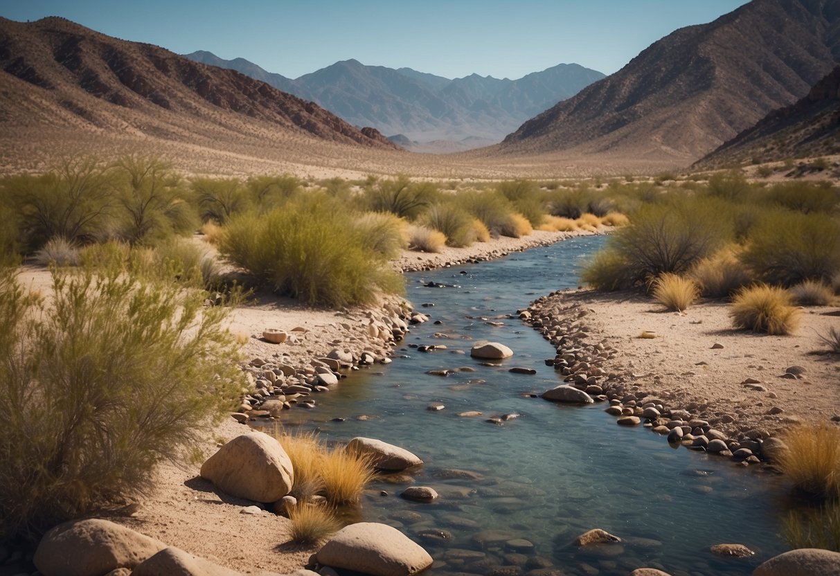 The Mojave River flows gently through the arid California desert, surrounded by rugged mountains and sparse vegetation, creating a serene and peaceful scene for boating