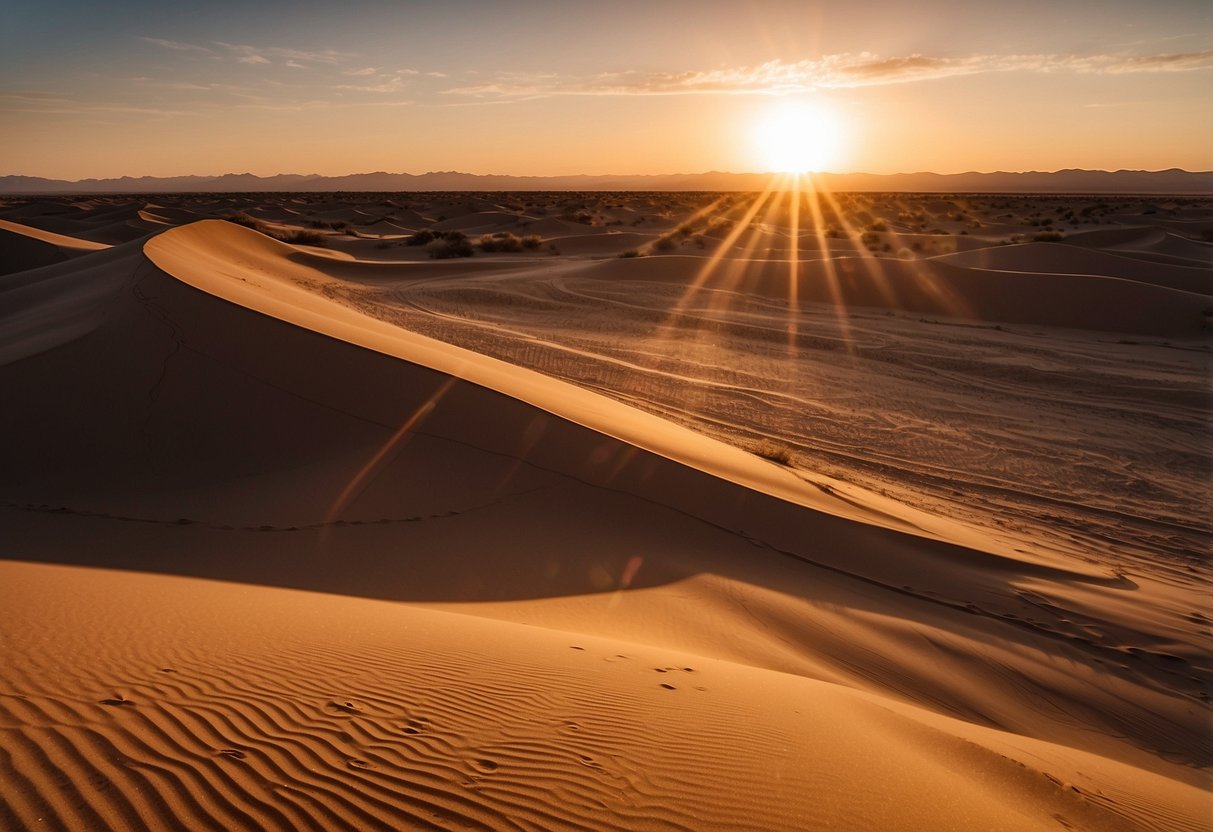 The sun sets over the vast Imperial Sand Dunes, casting long shadows over the rippling sand. A lone boat glides effortlessly across the smooth surface, leaving a trail of gentle waves in its wake