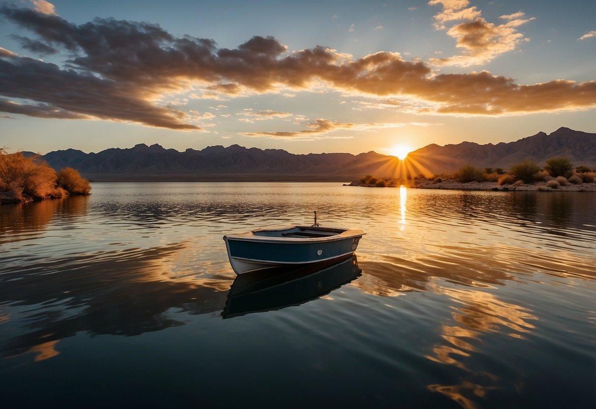 The sun sets over Lake Mohave, casting a warm glow on the calm waters. Desert mountains rise in the distance, as a boat cruises along the tranquil lake