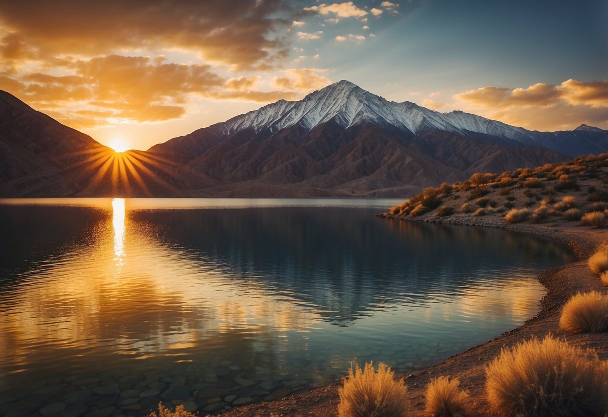 The sun sets over Pyramid Lake, casting a golden glow on the calm waters. Desert mountains loom in the background, creating a stunning backdrop for boating