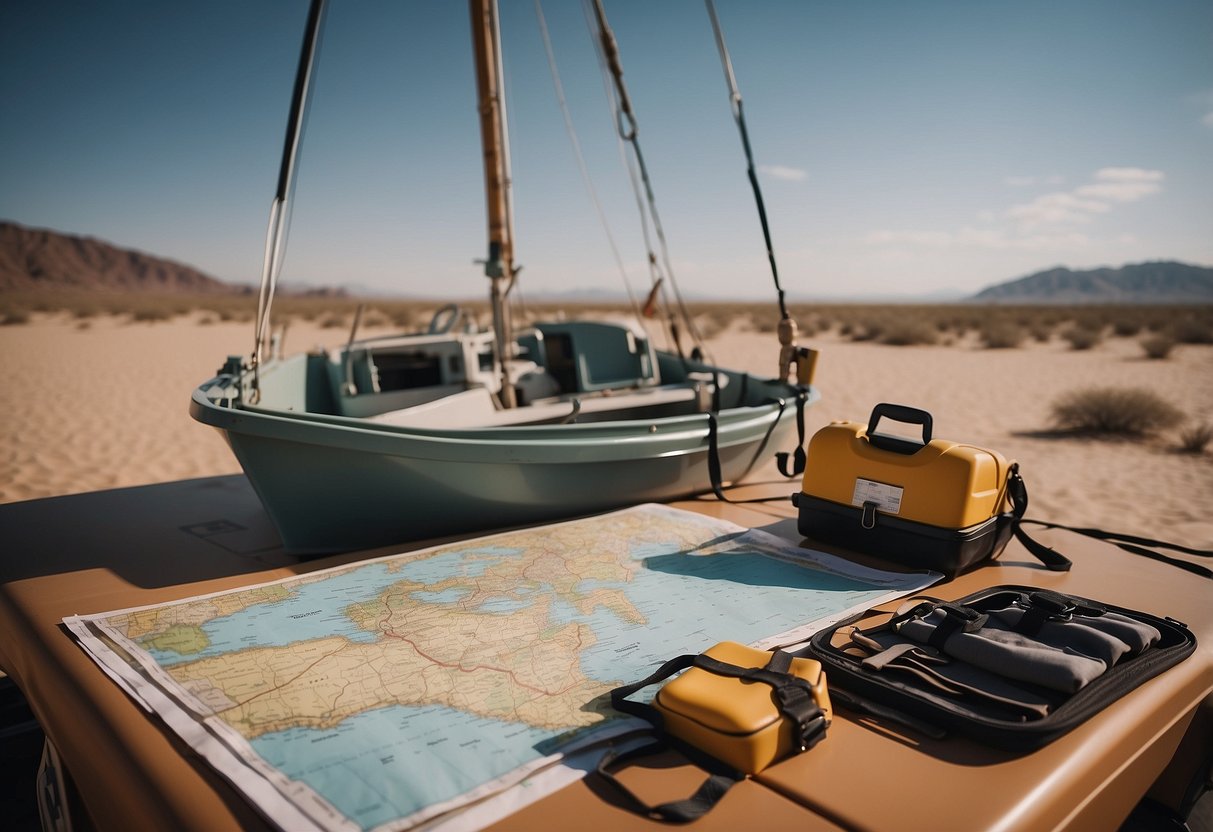 A boat is being loaded with supplies and safety equipment in the desert. Maps and navigation tools are laid out on a table