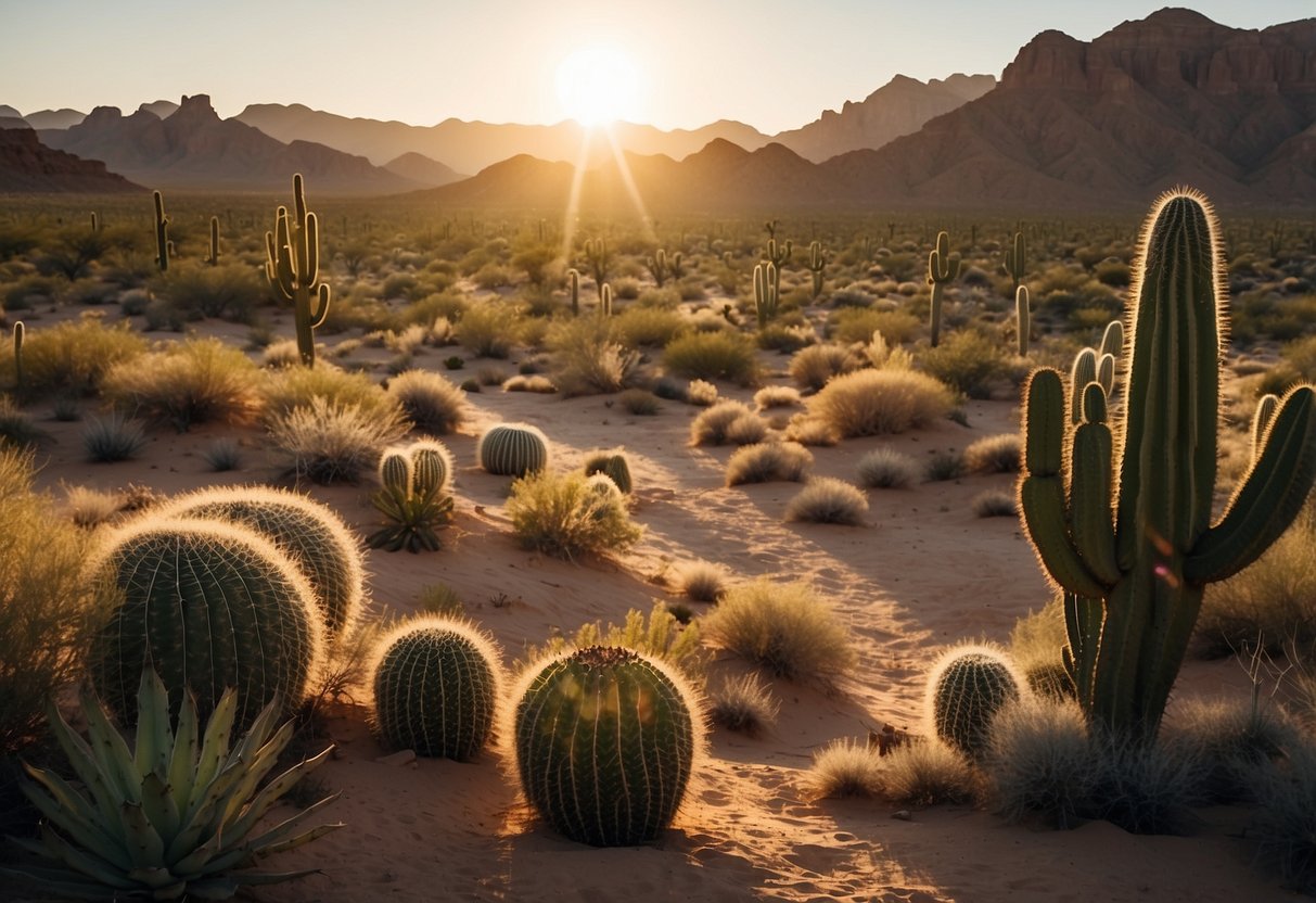 A serene desert landscape with a winding river cutting through the arid terrain, surrounded by cacti and rock formations. The sun is setting, casting a warm glow over the scene