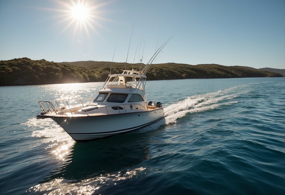 A boat sailing smoothly on calm waters, with a clear blue sky and a gentle breeze. Fishing rods and coolers are neatly organized on deck, while the sun shines brightly overhead