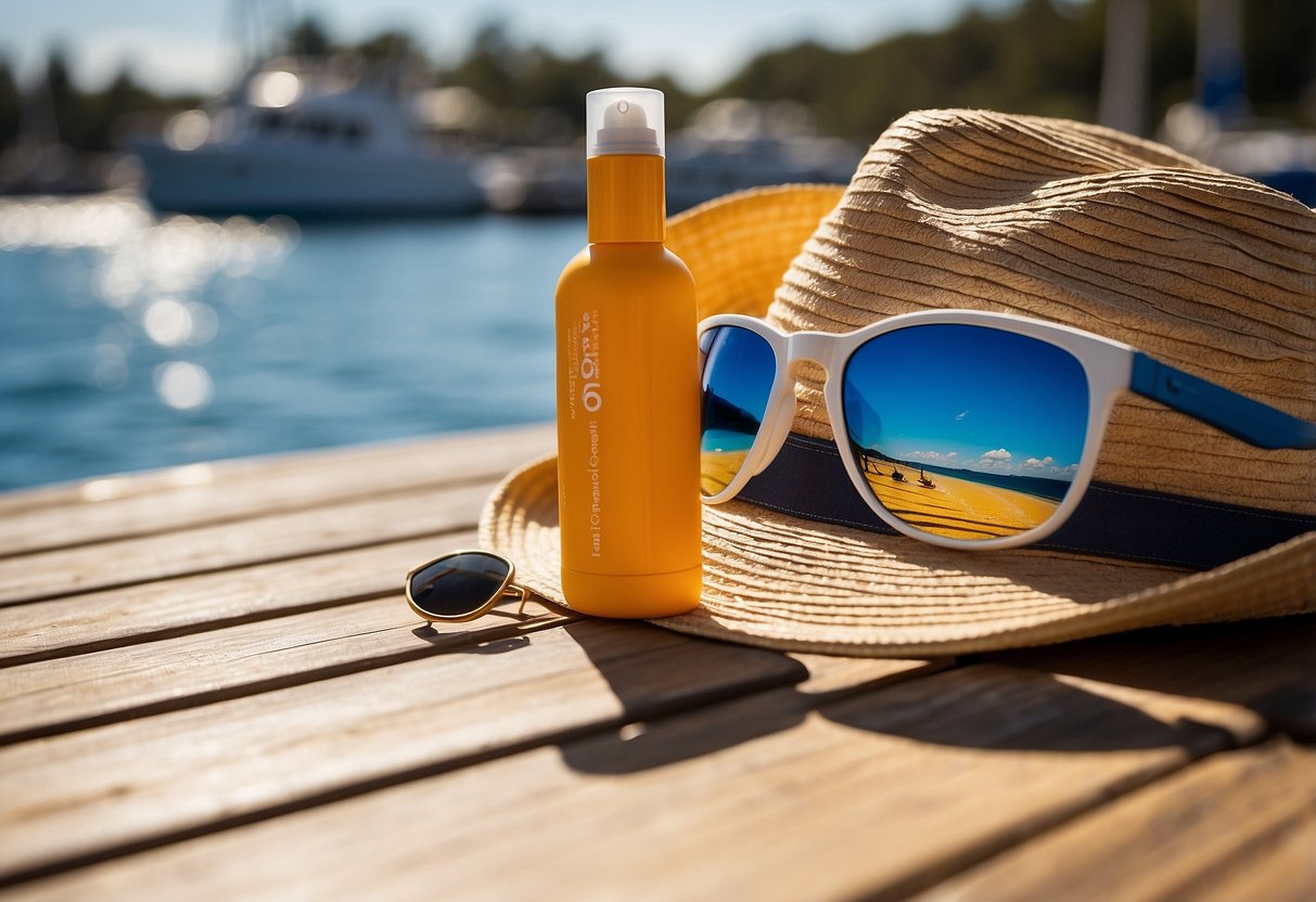 A small bottle of high-SPF sunscreen rests on a boat deck, next to a pair of sunglasses and a hat. The sun shines brightly overhead, reflecting off the calm, blue water