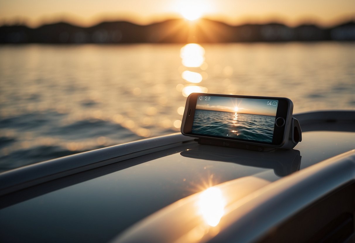 A boat sailing on calm waters, with a smartphone displaying marine navigation apps. The sun is setting in the background, casting a warm glow over the scene