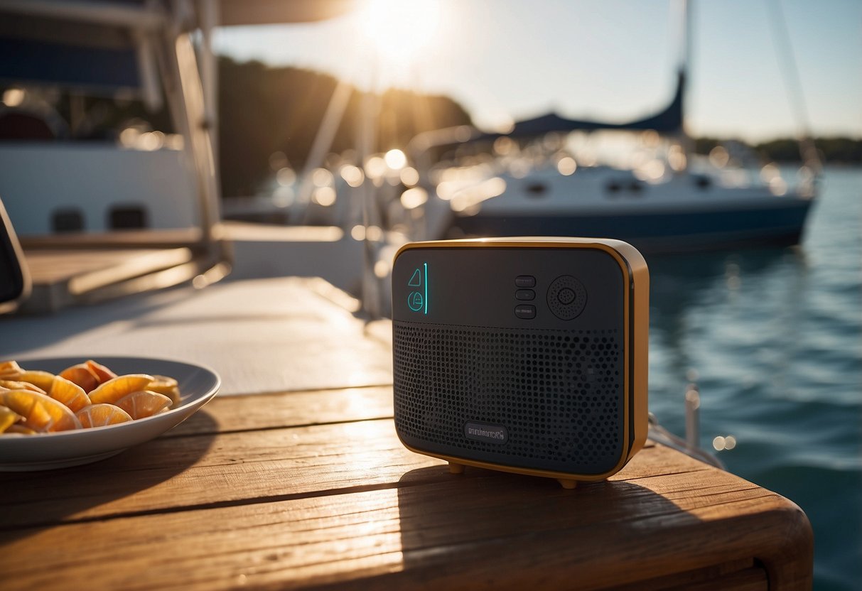 A waterproof Bluetooth speaker sits on a boat deck, surrounded by sunscreen, snacks, and a map. The sun shines overhead as waves gently rock the boat