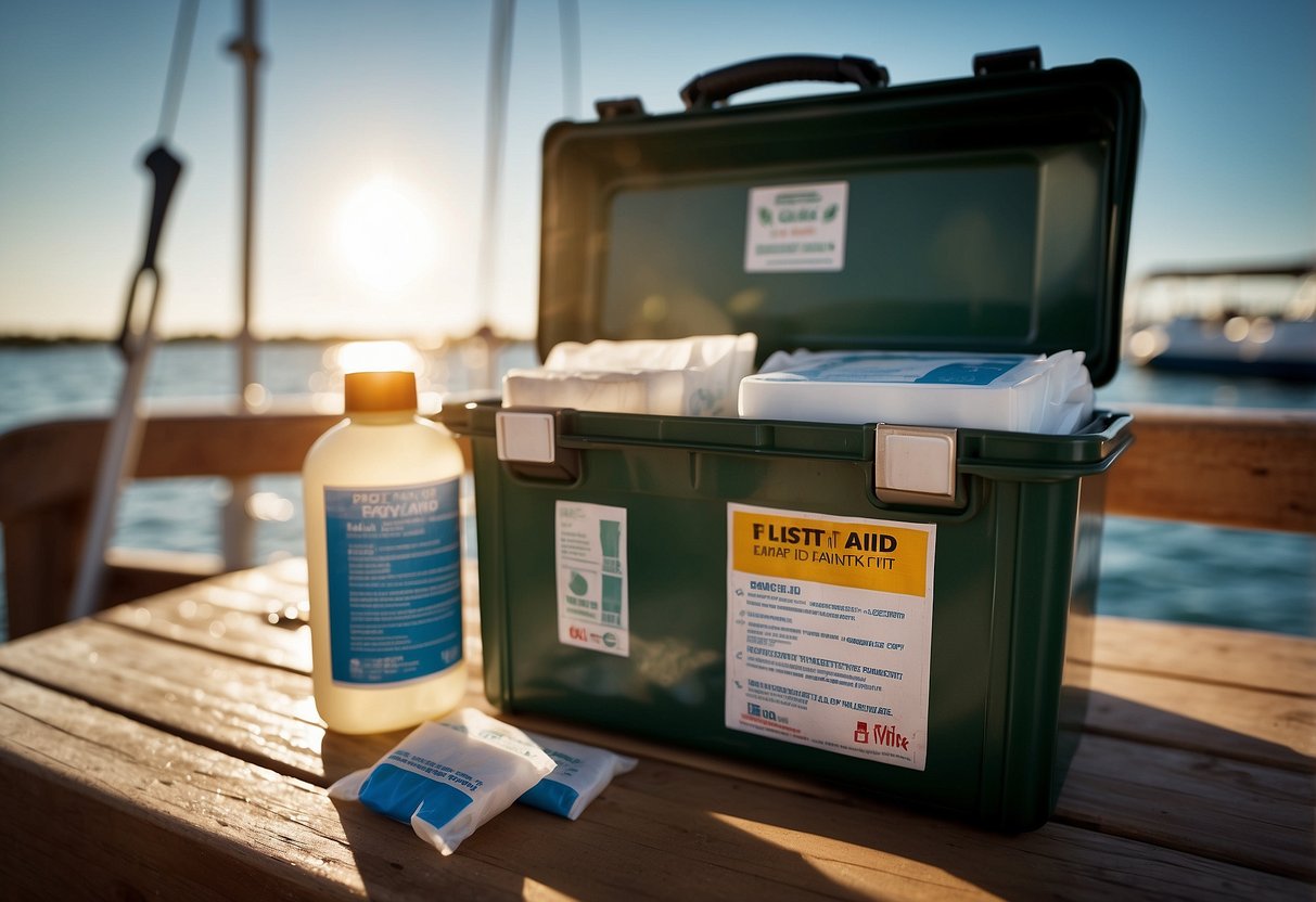 A first-aid kit sits open on a boat deck. Items include bandages, antiseptic wipes, and pain relievers. The sun shines overhead, and the water sparkles in the background