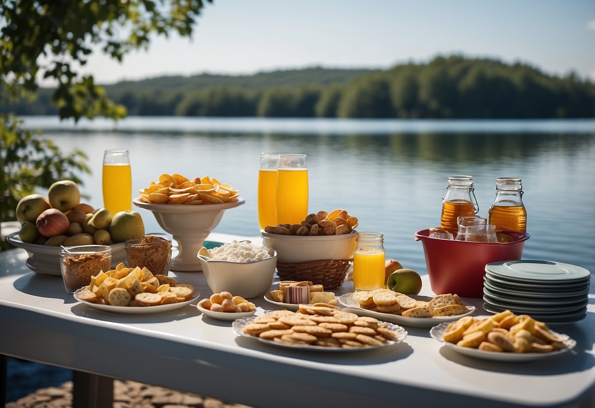 A table filled with various snacks and a cooler stocked with drinks, set against a backdrop of a serene lake with a boat docked nearby