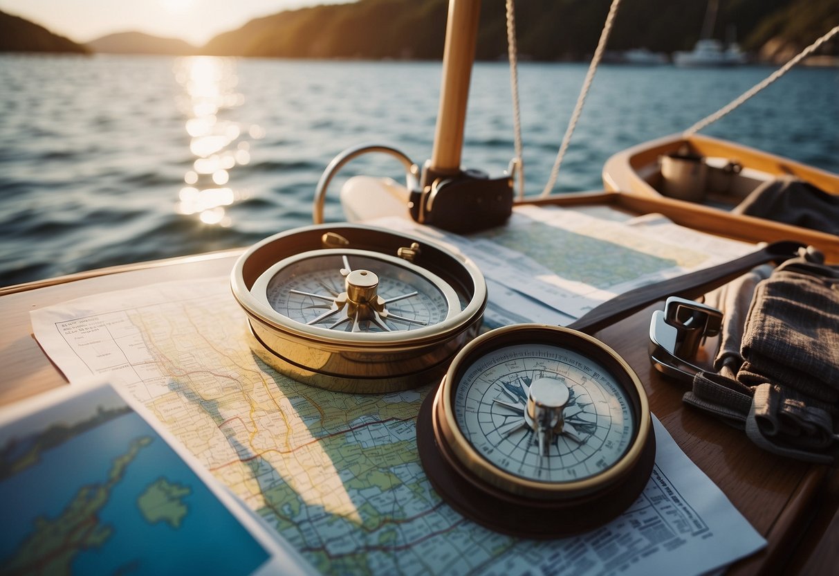 A boat sailing on calm waters with a map and itinerary in the foreground, surrounded by various boating accessories and equipment