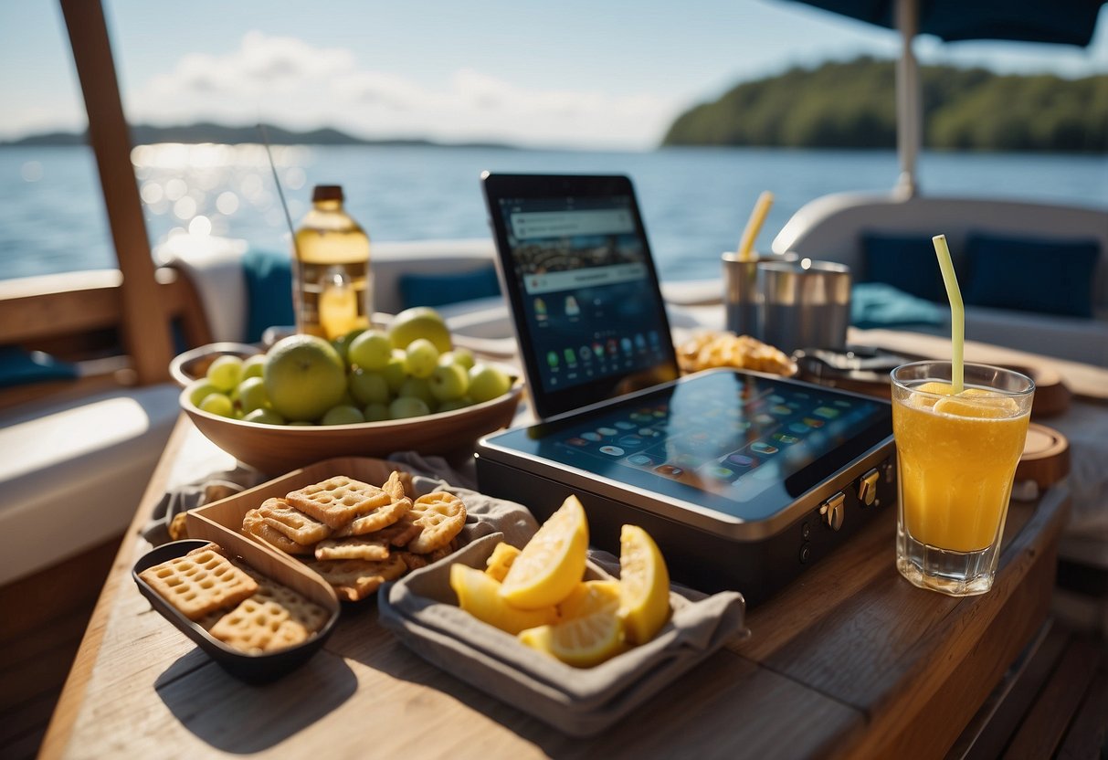 A boat deck with cozy seating, a table set with snacks, a cooler filled with drinks, a fishing rod leaning against the railing, a book and a tablet on the table, and a Bluetooth speaker playing music