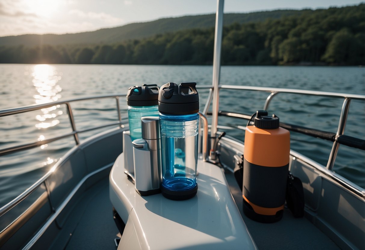 A boat cruising on calm waters, with 5 different hydration systems neatly arranged on the deck, including water bottles, hydration packs, and insulated tumblers