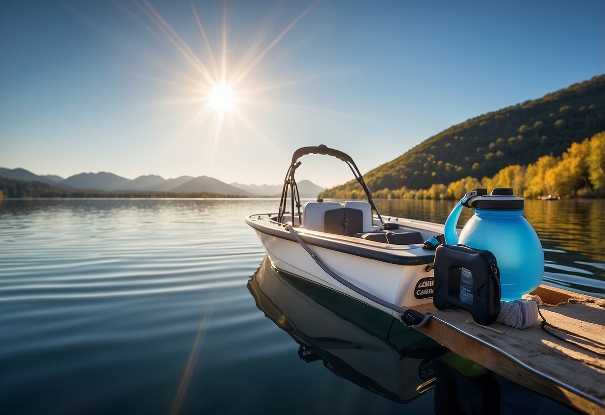 A boat on calm waters with the CamelBak All Clear hydration system prominently displayed and ready for use. Sunshine and blue skies overhead