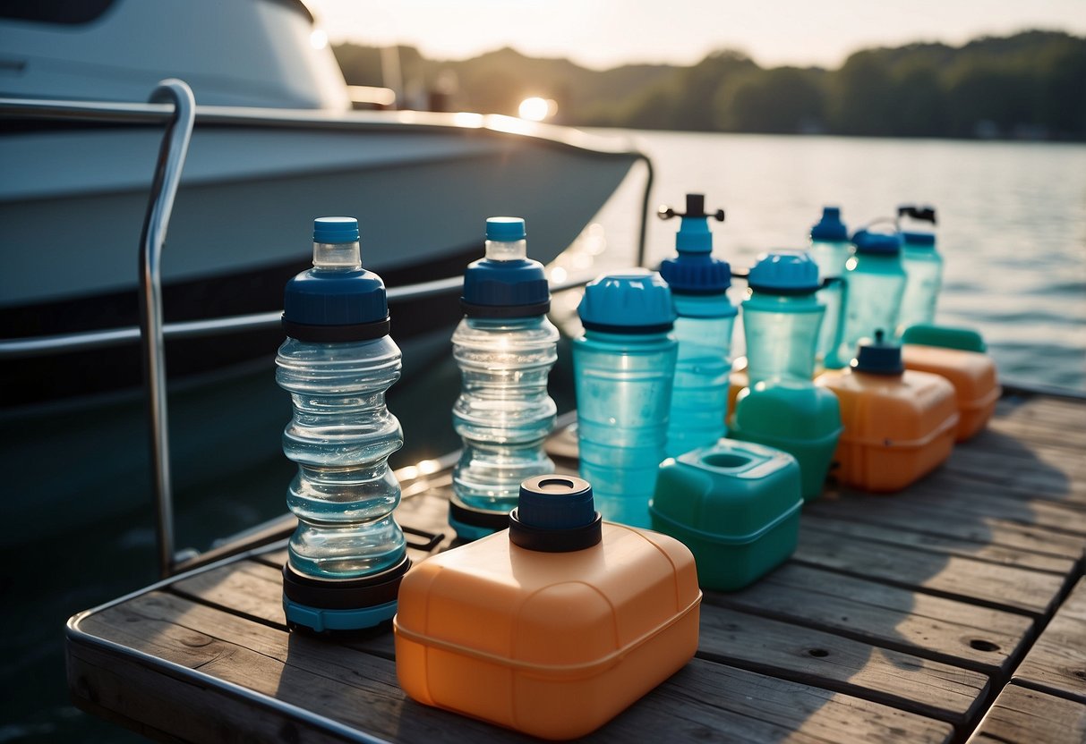 A boat on calm waters with 5 different hydration systems displayed on the deck, including water bottles, hydration packs, and a water filtration system