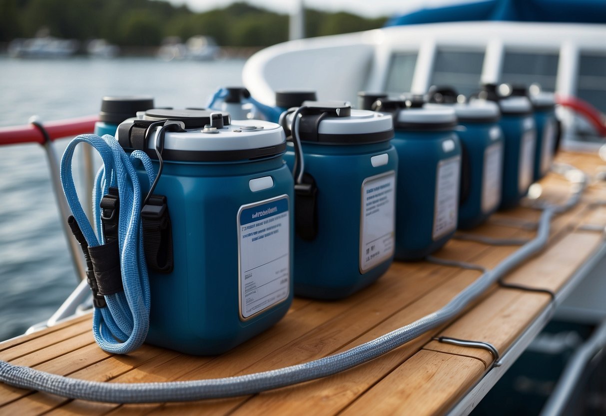 A boat deck with 5 hydration systems neatly organized and secured, with labels indicating their use for boating trips. Cleaning supplies and maintenance tools are nearby