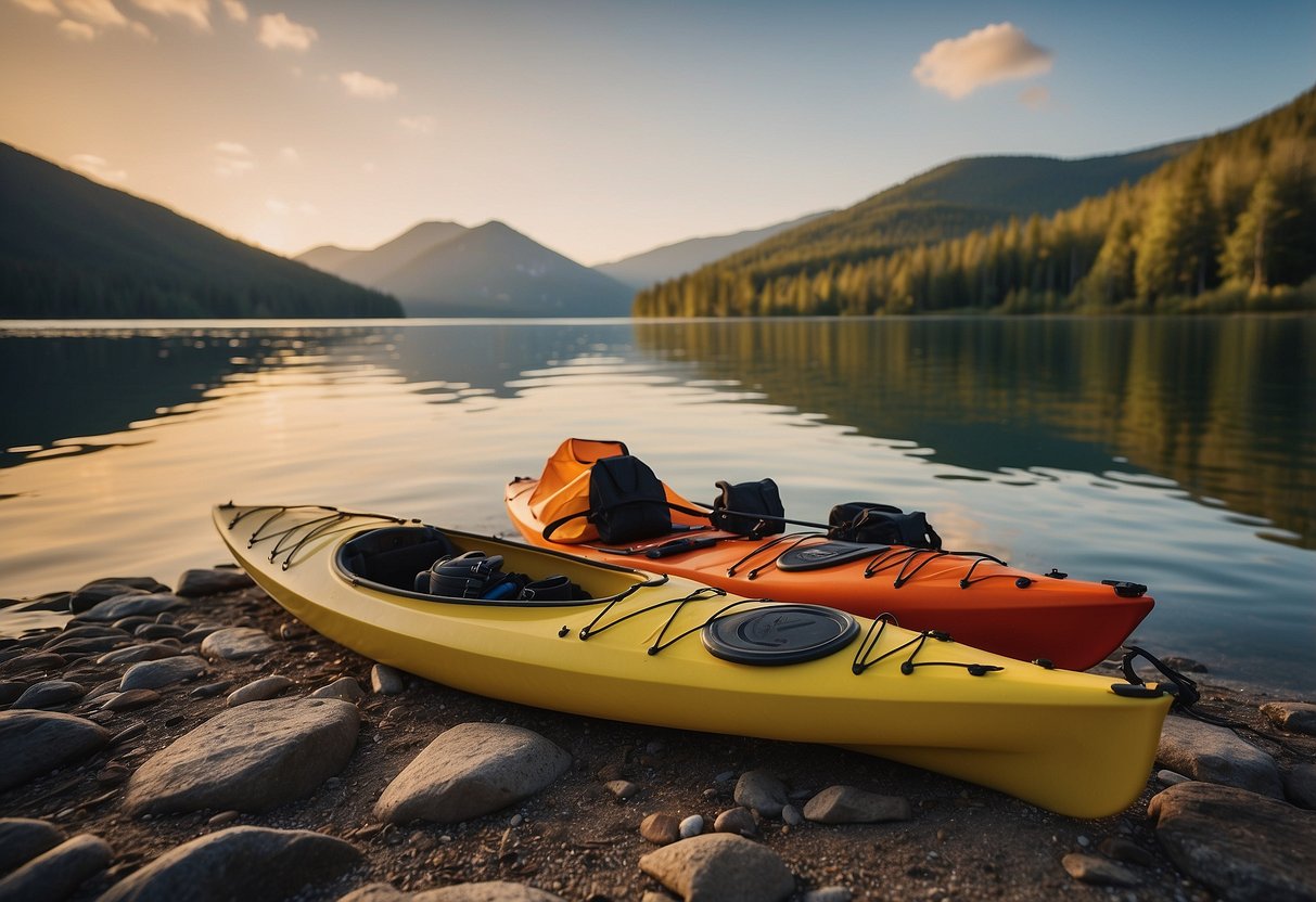 A kayak and a canoe, life jacket, paddle, helmet, waterproof bag, whistle, navigation tools, sunscreen, first aid kit, and a bilge pump lay on the shore