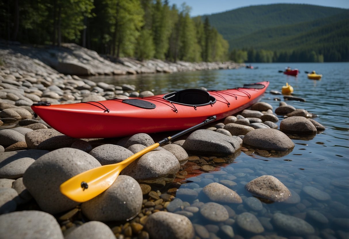 A red and black Werner Camano kayak paddle rests on a rocky shore, ready for use by a beginner kayaker or canoeist