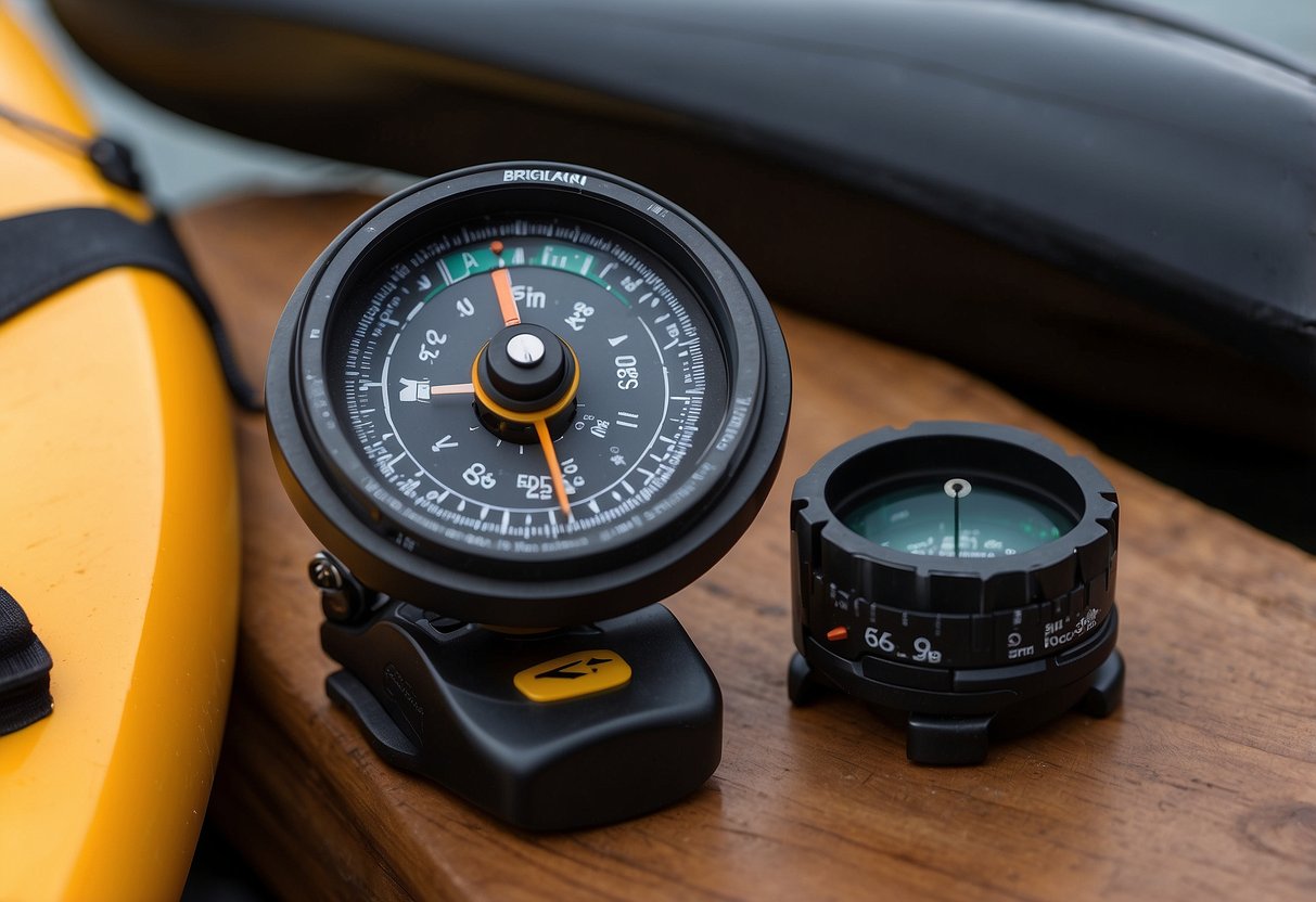 A Brunton 58 kayak compass sits on the deck, surrounded by essential gear for beginner kayakers and canoeists