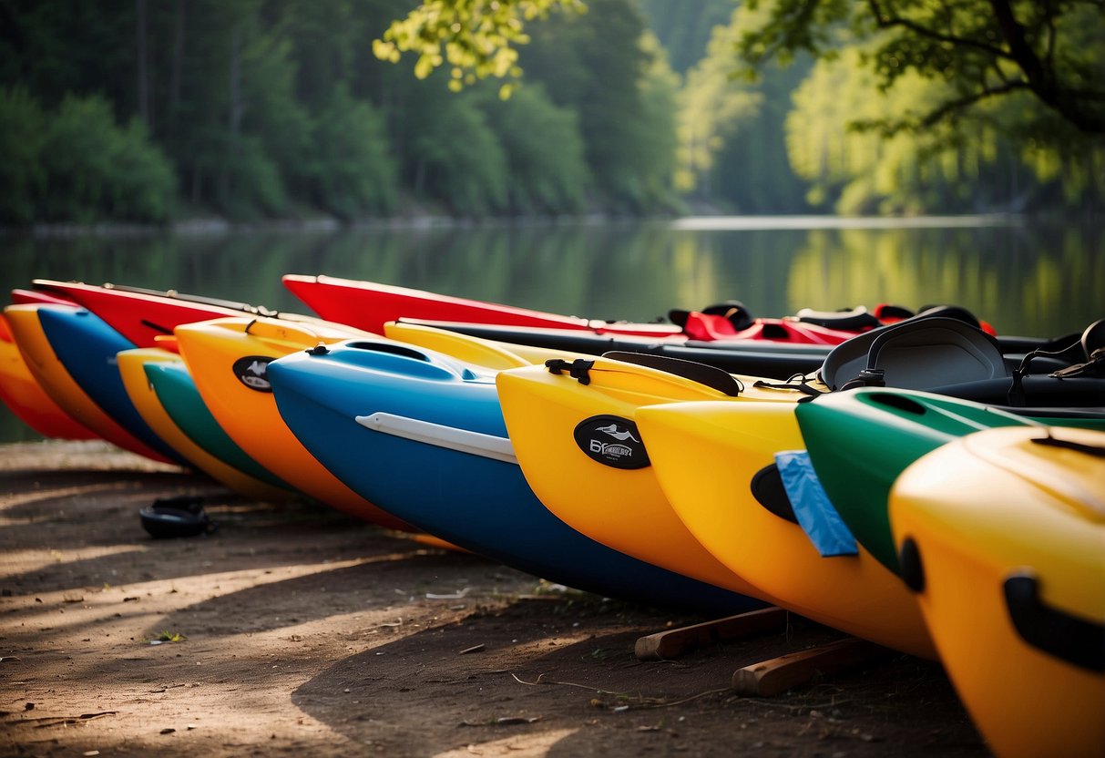 A variety of kayaks and canoes are displayed, along with essential gear items such as life jackets, paddles, and waterproof bags. The scene is set in a serene outdoor environment, with a calm body of water in the background