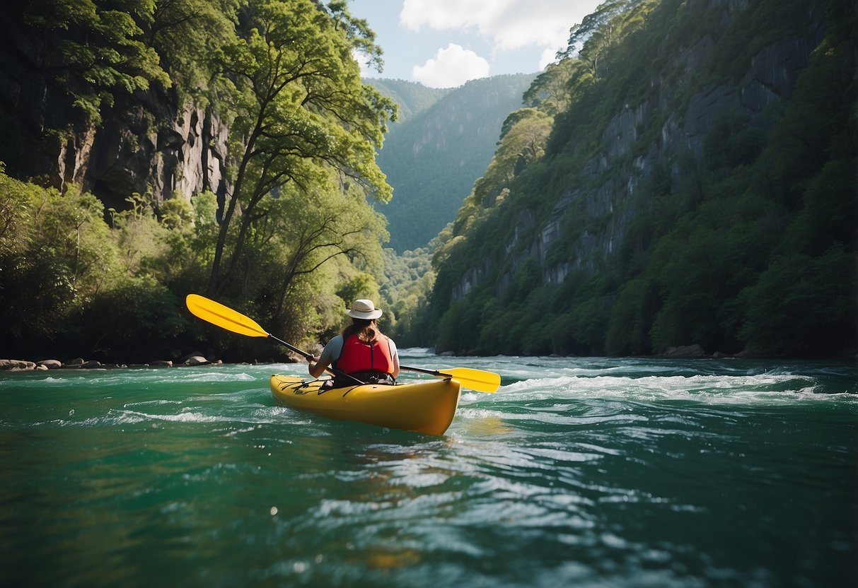 Kayakers paddle through serene waters surrounded by lush greenery in a national park. Canoeists navigate through winding rivers with towering cliffs and cascading waterfalls