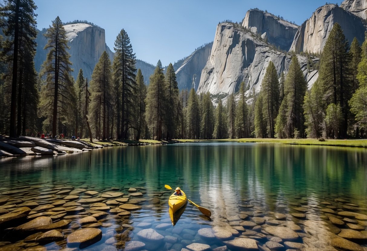 Crystal-clear waters flow beneath towering cliffs in Yosemite National Park, offering prime kayaking and canoeing spots