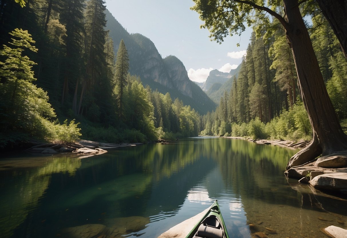 A serene river winds through a lush national park, flanked by towering trees and rocky cliffs. A kayak and canoe are peacefully gliding on the calm waters, surrounded by the beauty of nature