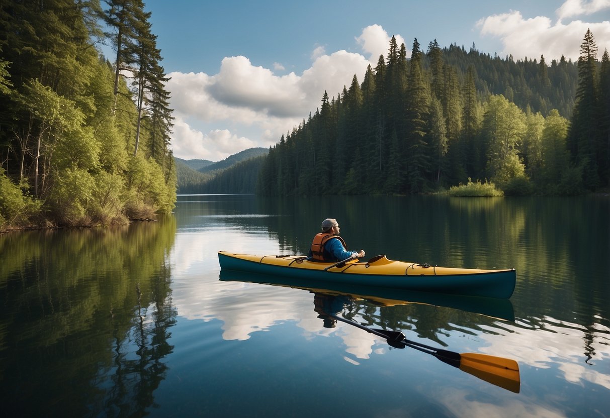 A serene lake surrounded by lush greenery, with a kayak and canoe peacefully gliding across the water. A pristine, untouched landscape with no signs of human impact