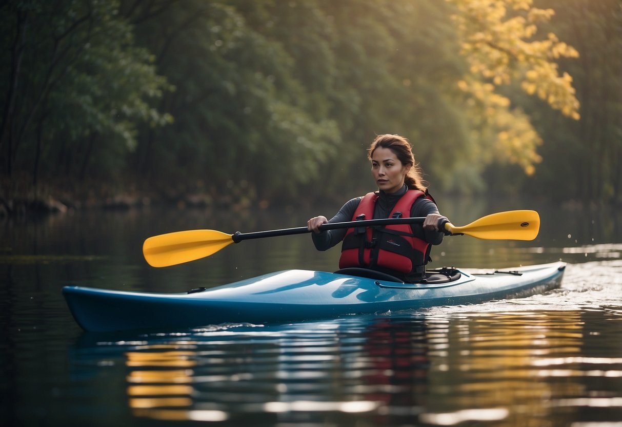 A kayak slicing through calm waters, paddle dipping smoothly, creating minimal splashes. The paddler's posture is upright, with arms extending fully in each stroke. The paddle blade is angled to maximize propulsion