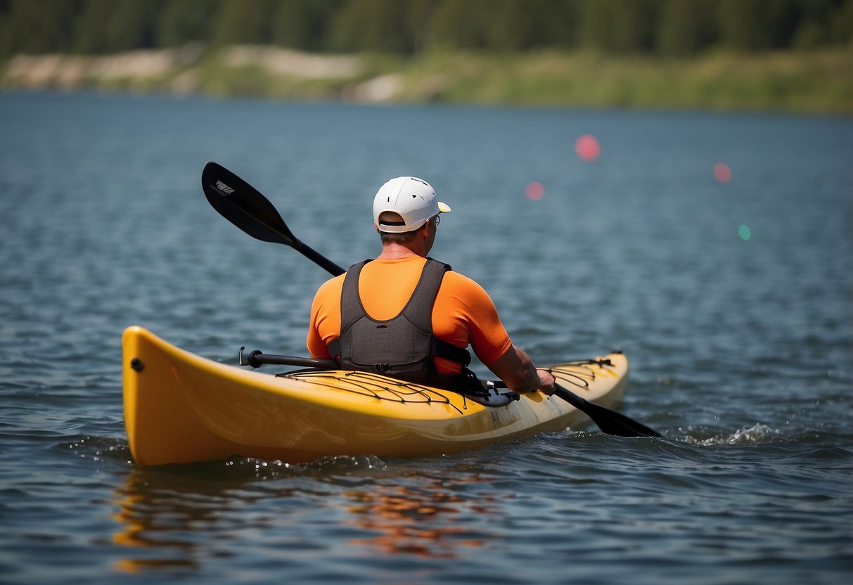 A kayaker sits upright, shoulders back, and head held high, with a straight spine and engaged core muscles. Their arms reach forward and smoothly dip their paddle into the water with each stroke