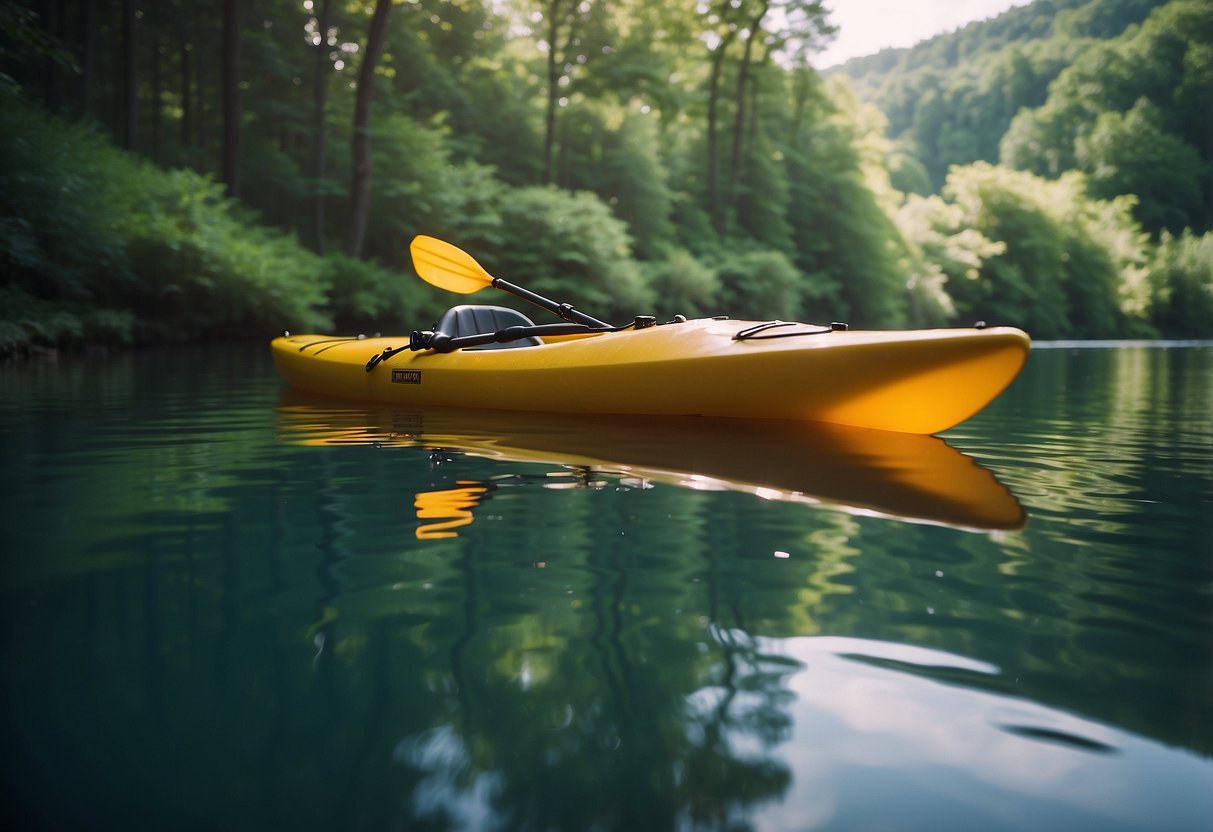 A colorful kayak floats on calm water, surrounded by lush green trees. On the kayak, a variety of delicious snacks are neatly packed in waterproof containers, ready for a day of adventure on the water