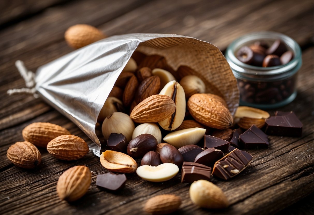 A colorful mix of nuts, seeds, and chunks of dark chocolate spilled out of a resealable bag onto a weathered wooden surface, ready to be packed for a kayaking or canoeing trip