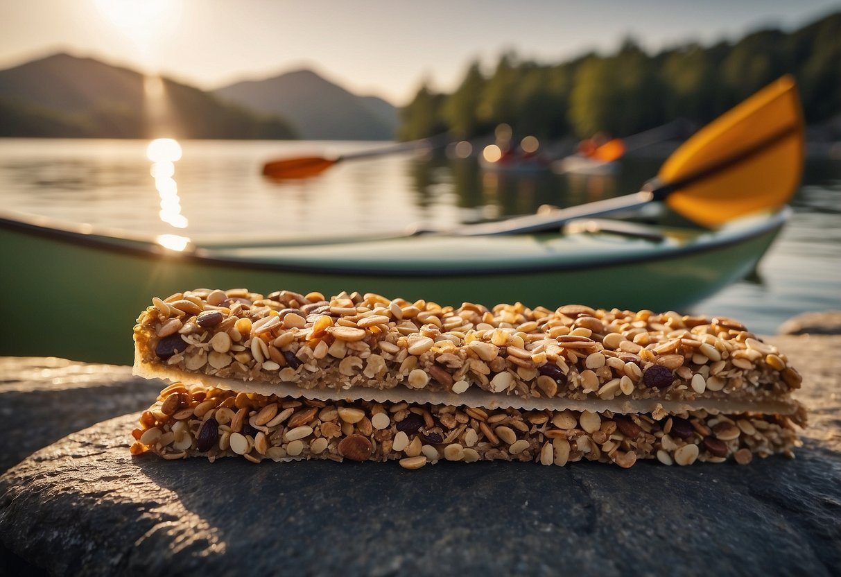 Nature Valley granola bars scattered on a rocky shore near a kayak or canoe, with a serene river or lake in the background