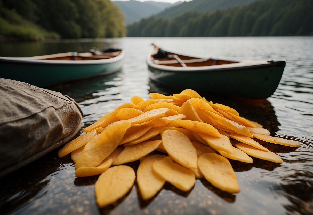 A pile of dried mango slices spills out of a Kirkland Signature package, surrounded by a kayak and canoe on a riverbank