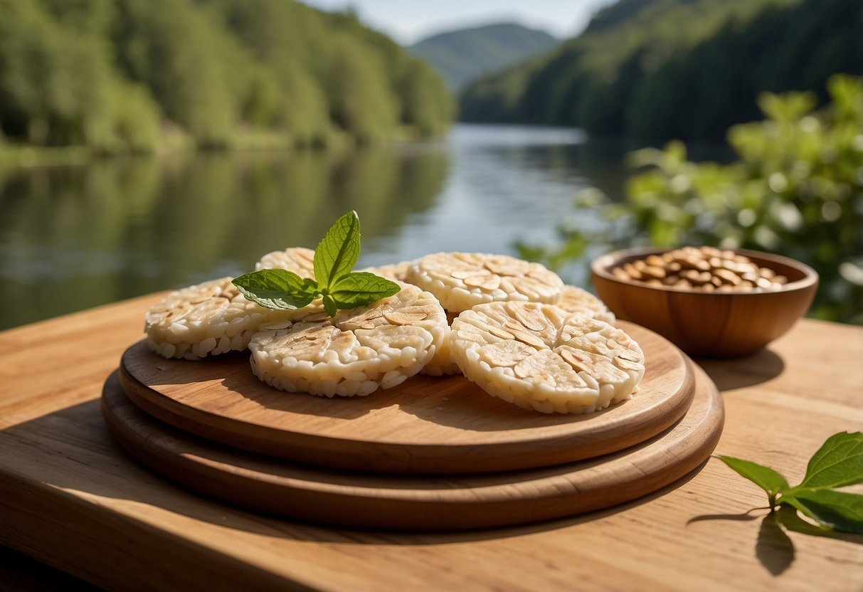 Rice cakes spread with almond butter arranged on a wooden cutting board with a backdrop of a serene river and lush greenery