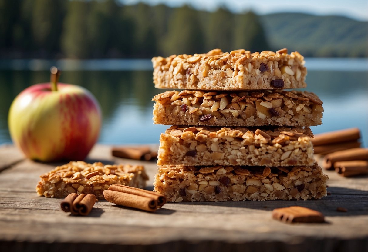 A colorful array of apple cinnamon energy bars arranged on a rustic wooden table, with a backdrop of a serene lake and a kayak or canoe in the distance