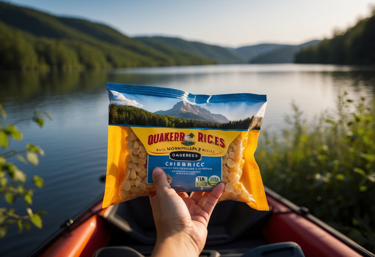 A person in a kayak or canoe holding a bag of Quaker Cheddar Rice Crisps, with a scenic river or lake in the background