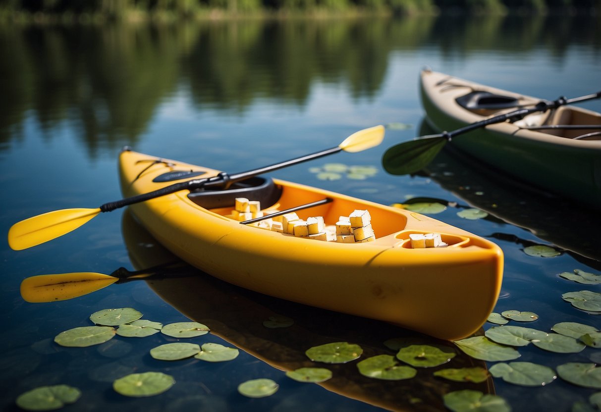 A kayak and canoe float on calm water, surrounded by lush greenery. A hand reaches for a pack of Sargento string cheese, with other snacks nearby