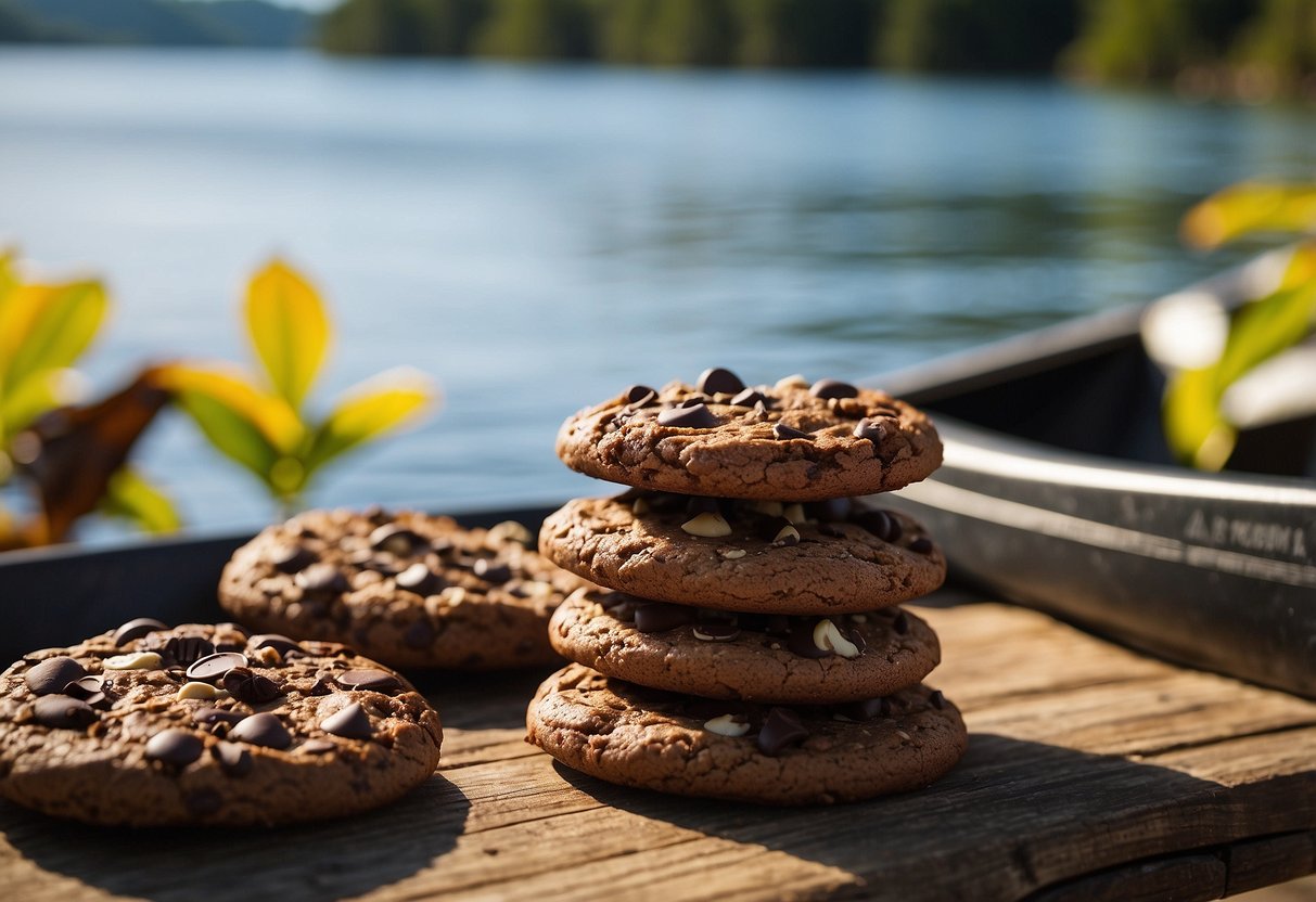 A stack of Quest Double Chocolate Chip protein cookies sits next to a kayak and canoe, surrounded by nature and water